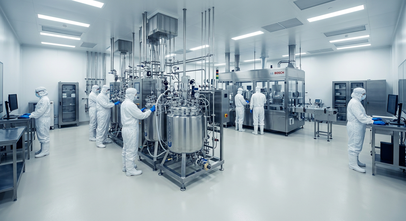 GMP cleanroom manufacturing suite with technicians in cleanroom gowns