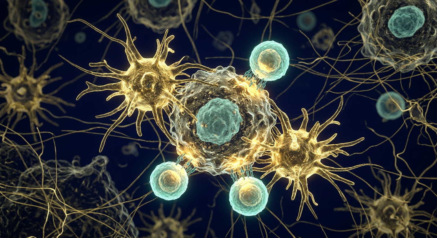 Visualisation of dendritic cells and T cells engaging a tumour cell