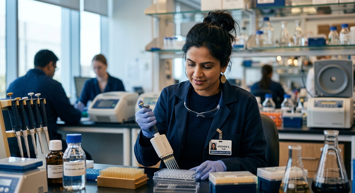 Scientist pipetting samples in an immuno-oncology research laboratory